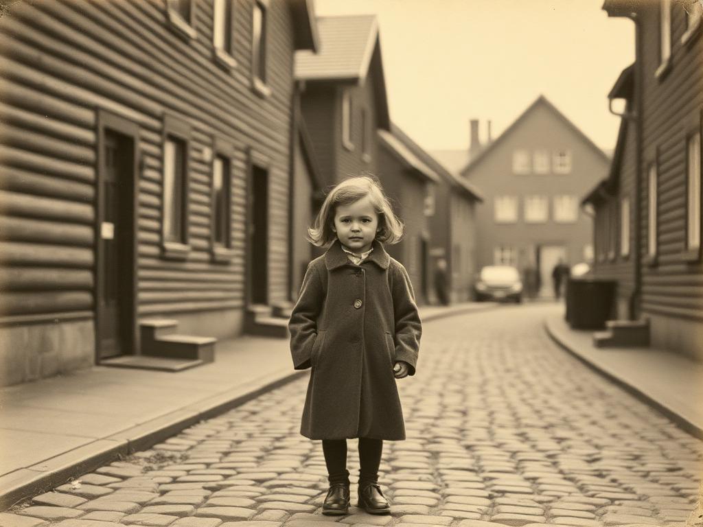 Liten jente i ullkåpe i en brosteinsgate i Sandviken i Bergen
