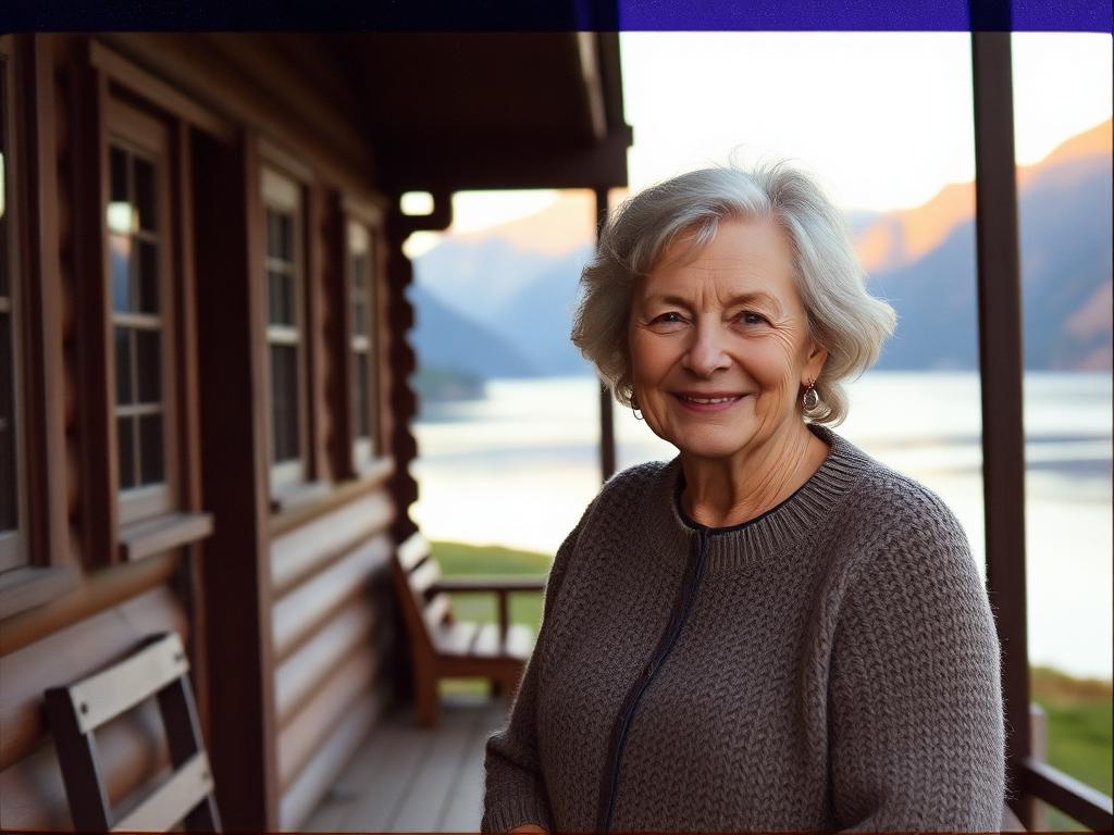 Eldre kvinne i strikkejakke på en hytteveranda ved fjorden