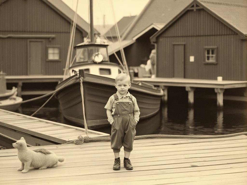 Gutt i knebukser på en kai ved en fiskebåt i Nord-Norge