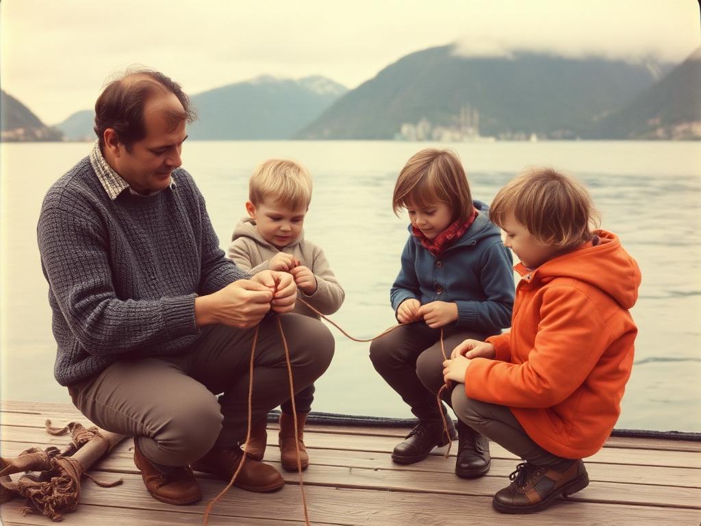 Far som lærer tre barn å knyte fiskeknuter på en brygge ved fjorden