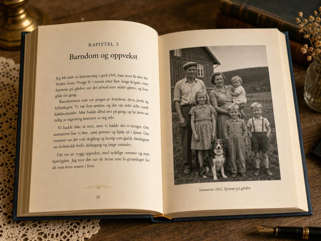 Åpent bokoppslag med kapitteltekst og et gammelt familiebilde med bildetekst